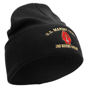 U.S. Marine Corps 2nd Marine Division Logo Embroidered 12 Inch Solid Knit Cuff Long Beanie Made in USA - Black OSFM