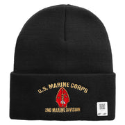 U.S. Marine Corps 2nd Marine Division Logo Embroidered 12 Inch Solid Knit Cuff Long Beanie Made in USA - Black OSFM