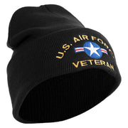 U.S. Airforce Veteran with Roundel Logo Embroidered 12 Inch Solid Knit Cuff Long Beanie Made in USA