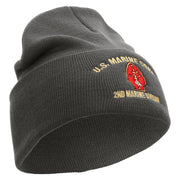 U.S. Marine Corps 2nd Marine Division Logo Embroidered 12 Inch Solid Knit Cuff Long Beanie Made in USA - Charcoal OSFM