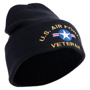 U.S. Airforce Veteran with Roundel Logo Embroidered 12 Inch Solid Knit Cuff Long Beanie Made in USA
