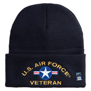 U.S. Airforce Veteran with Roundel Logo Embroidered 12 Inch Solid Knit Cuff Long Beanie Made in USA