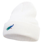 Made in USA Cartoon Peacock Embroidered Heavy Ribbed Cuff Beanie - White OSFM