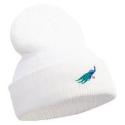 Made in USA Cartoon Peacock Embroidered Heavy Ribbed Cuff Beanie - White OSFM