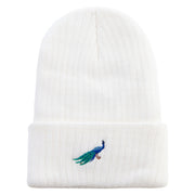 Made in USA Cartoon Peacock Embroidered Heavy Ribbed Cuff Beanie - White OSFM