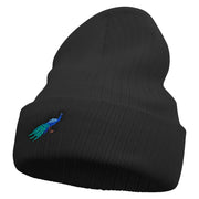 Made in USA Cartoon Peacock Embroidered Heavy Ribbed Cuff Beanie - Black OSFM