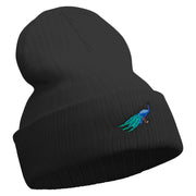 Made in USA Cartoon Peacock Embroidered Heavy Ribbed Cuff Beanie - Black OSFM