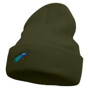 Made in USA Cartoon Peacock Embroidered Heavy Ribbed Cuff Beanie - Olive OSFM