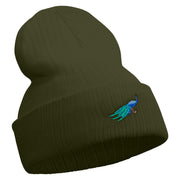 Made in USA Cartoon Peacock Embroidered Heavy Ribbed Cuff Beanie - Olive OSFM