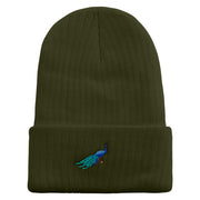 Made in USA Cartoon Peacock Embroidered Heavy Ribbed Cuff Beanie - Olive OSFM