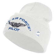 US Air Force Pilot Logo Embroidered 12 Inch Solid Knit Cuff Long Beanie Made in USA - White OSFM
