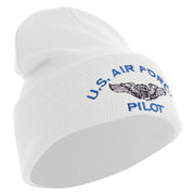 US Air Force Pilot Logo Embroidered 12 Inch Solid Knit Cuff Long Beanie Made in USA - White OSFM