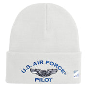 US Air Force Pilot Logo Embroidered 12 Inch Solid Knit Cuff Long Beanie Made in USA - White OSFM