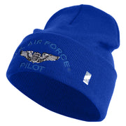US Air Force Pilot Logo Embroidered 12 Inch Solid Knit Cuff Long Beanie Made in USA - Royal-Blue OSFM