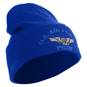 US Air Force Pilot Logo Embroidered 12 Inch Solid Knit Cuff Long Beanie Made in USA - Royal-Blue OSFM