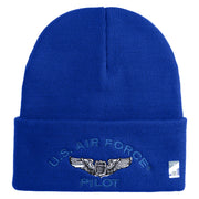 US Air Force Pilot Logo Embroidered 12 Inch Solid Knit Cuff Long Beanie Made in USA - Royal-Blue OSFM