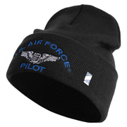 US Air Force Pilot Logo Embroidered 12 Inch Solid Knit Cuff Long Beanie Made in USA - Black OSFM
