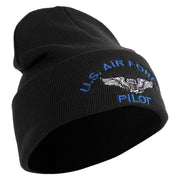 US Air Force Pilot Logo Embroidered 12 Inch Solid Knit Cuff Long Beanie Made in USA - Black OSFM