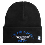 US Air Force Pilot Logo Embroidered 12 Inch Solid Knit Cuff Long Beanie Made in USA - Black OSFM