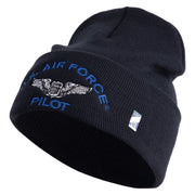 US Air Force Pilot Logo Embroidered 12 Inch Solid Knit Cuff Long Beanie Made in USA - Navy OSFM