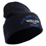 US Air Force Pilot Logo Embroidered 12 Inch Solid Knit Cuff Long Beanie Made in USA - Navy OSFM