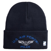 US Air Force Pilot Logo Embroidered 12 Inch Solid Knit Cuff Long Beanie Made in USA - Navy OSFM