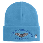 Air Force Pilot Veteran Logo Embroidered 12 Inch Solid Knit Cuff Long Beanie Made in USA - Carolina-Blue OSFM