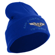 Air Force Pilot Veteran Logo Embroidered 12 Inch Solid Knit Cuff Long Beanie Made in USA - Royal-Blue OSFM