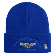 Air Force Pilot Veteran Logo Embroidered 12 Inch Solid Knit Cuff Long Beanie Made in USA - Royal-Blue OSFM