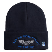 Air Force Pilot Veteran Logo Embroidered 12 Inch Solid Knit Cuff Long Beanie Made in USA