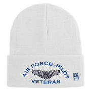 Air Force Pilot Veteran Logo Embroidered 12 Inch Solid Knit Cuff Long Beanie Made in USA - White OSFM