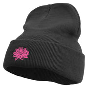 Water Lily Flower Embroidered 12 inch Acrylic Blank Cuff Long Beanie - Black OSFM