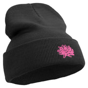 Water Lily Flower Embroidered 12 inch Acrylic Blank Cuff Long Beanie - Black OSFM