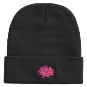 Water Lily Flower Embroidered 12 inch Acrylic Blank Cuff Long Beanie - Black OSFM