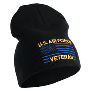 US Air Force Veteran with Flag Symbol Embroidered 8 Inch Solid Knit Short Beanie Made in USA - Black OSFM