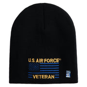 US Air Force Veteran with Flag Symbol Embroidered 8 Inch Solid Knit Short Beanie Made in USA - Black OSFM