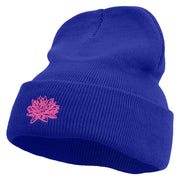 Water Lily Flower Embroidered 12 inch Acrylic Blank Cuff Long Beanie - Royal OSFM