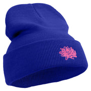 Water Lily Flower Embroidered 12 inch Acrylic Blank Cuff Long Beanie - Royal OSFM