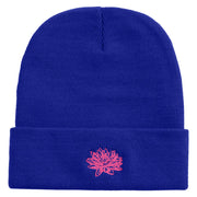 Water Lily Flower Embroidered 12 inch Acrylic Blank Cuff Long Beanie - Royal OSFM