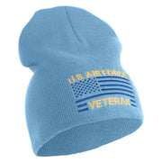 US Air Force Veteran with Flag Symbol Embroidered 8 Inch Solid Knit Short Beanie Made in USA - Carolina-Blue OSFM