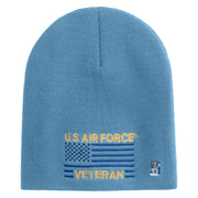 US Air Force Veteran with Flag Symbol Embroidered 8 Inch Solid Knit Short Beanie Made in USA - Carolina-Blue OSFM