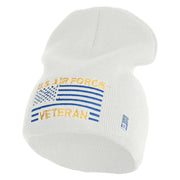 US Air Force Veteran with Flag Symbol Embroidered 8 Inch Solid Knit Short Beanie Made in USA - White OSFM
