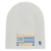 US Air Force Veteran with Flag Symbol Embroidered 8 Inch Solid Knit Short Beanie Made in USA - White OSFM