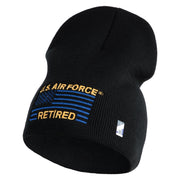 US Air Force Retired with Flag Symbol Embroidered 8 Inch Solid Knit Short Beanie Made in USA - Black OSFM