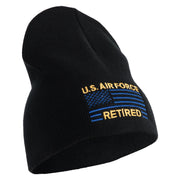 US Air Force Retired with Flag Symbol Embroidered 8 Inch Solid Knit Short Beanie Made in USA - Black OSFM