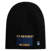 US Air Force Retired with Flag Symbol Embroidered 8 Inch Solid Knit Short Beanie Made in USA - Black OSFM