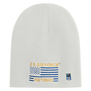 US Air Force Retired with Flag Symbol Embroidered 8 Inch Solid Knit Short Beanie Made in USA - White OSFM