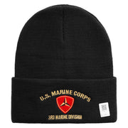 U.S. Marine Corps 3rd Marine Division logo Embroidered 12 Inch Solid Knit Cuff Long Beanie Made in USA - Black OSFM