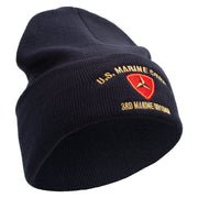 U.S. Marine Corps 3rd Marine Division logo Embroidered 12 Inch Solid Knit Cuff Long Beanie Made in USA - Navy OSFM