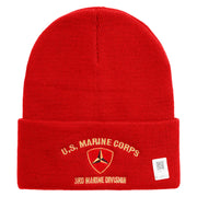 U.S. Marine Corps 3rd Marine Division logo Embroidered 12 Inch Solid Knit Cuff Long Beanie Made in USA - Red OSFM